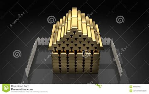 Golden House House Built Of Gold Bars Dark Background Isolated Stock
