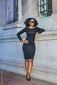 African American Woman casual street fashion. Wearing long sleeve dress ...