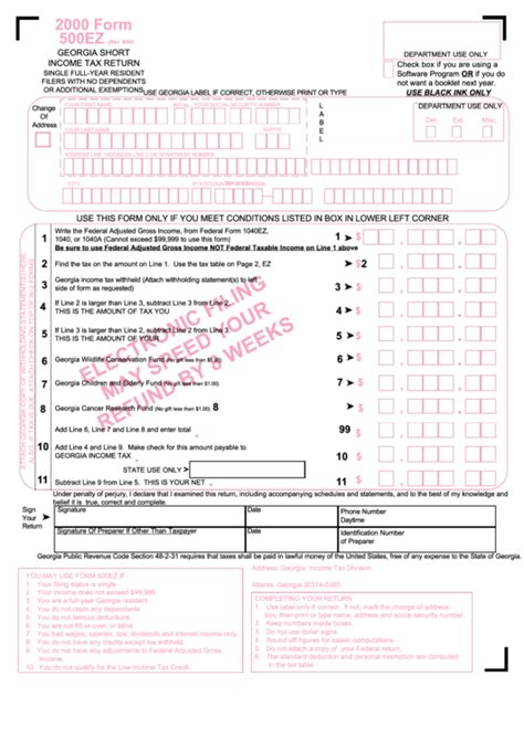Form 500ez Georgia Short Income Tax Return 2000 Printable Pdf Download