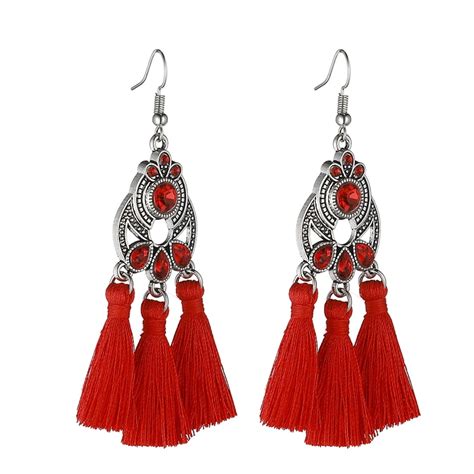 fashion bohemian crystal tassel earrings black white blue red pink silk fabric long drop tassel