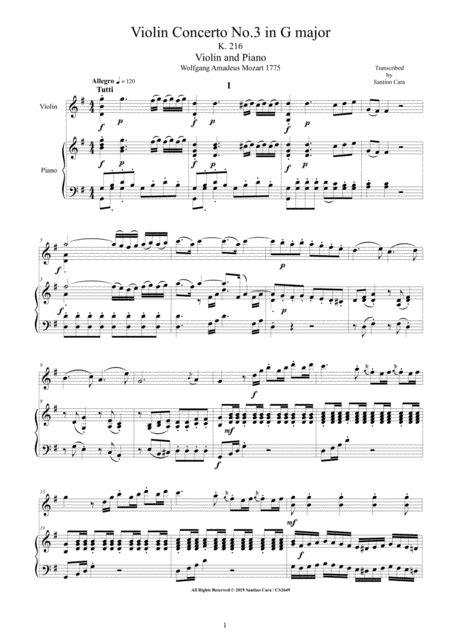 Mozart Violin Concerto No 3 In G Major K 216 For Violin And Piano Score And Part Arr