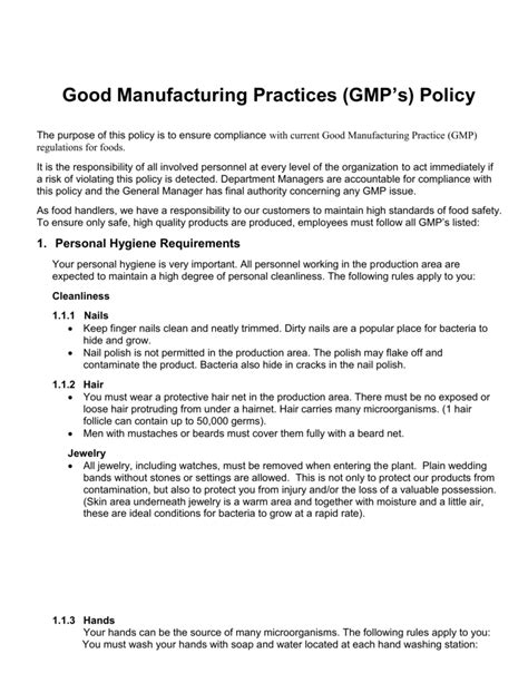 Good Manufacturing Practices Gmp S Policy
