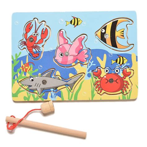 Children Fishing Game And Wooden Ocean Jigsaw Puzzle Board Magnetic Rod