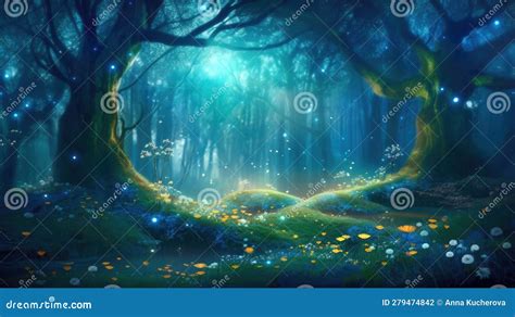 Mysterious Enchanted Forest At Night With Delicate Flowers And