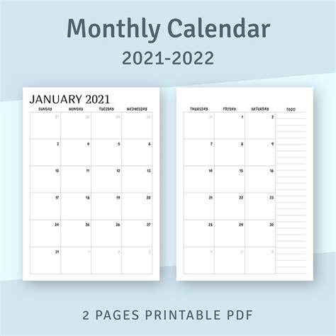 Printable Calendar Monthly 2021 2022 Month On Two Page Etsy 2022