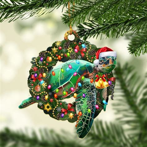 Turtle Laurel Wreath Christmas Sided Wooden Ornament Christmas Tree