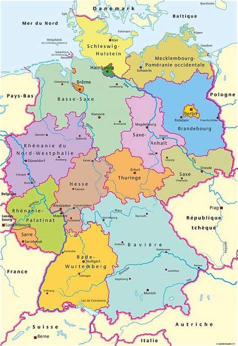 S'étendant entre 47 et 52° de latitude nord, et entre 6 et 14° de longitude est, le pays. Carte de l'Allemagne - Carte des villes, du relief, des ...