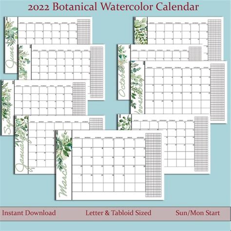 Digital Botanical Calendar 2021 Monthly Planner Botanical Leaves