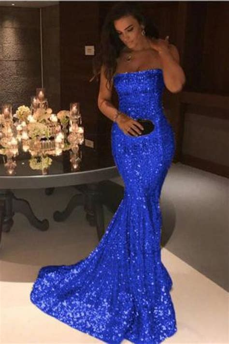 Royal Blue Formal Evening Dress Long Mermaid Sequins Strapless Prom Formal Evening Dresses
