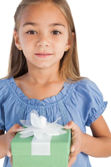 Surprised Little Girl Holding A Wrapped T Stock Image Image Of