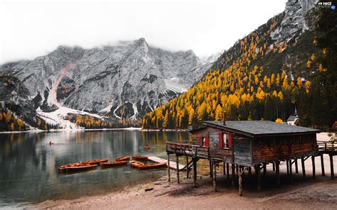 Lake Pragser Wildsee Boats Wooden Mountains Dolomites Italy