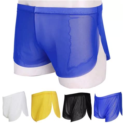 Mens Sexy Lingerie See Through Mesh Boxer Briefs Split Thong Swimwear