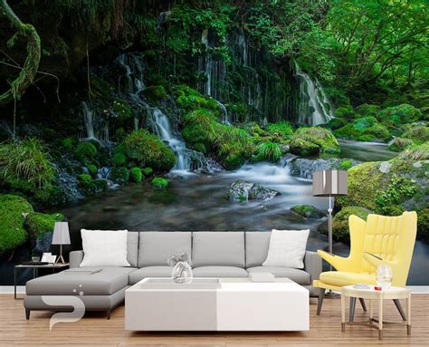 Forest Waterfall Mural Green Forest Wallpaper Forest Brook Etsy