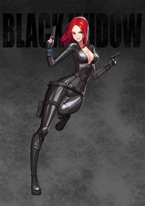Safebooru 1girl Avengers Belt Black Widow Bodysuit Boots Breasts Character Name Cleavage Dual