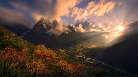 Nature Landscape Fall Shrubs Mountains Himalayas Tibet