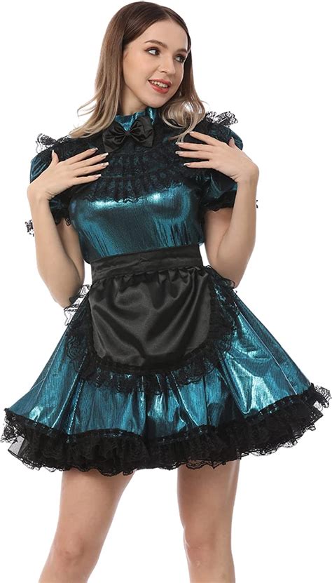 Joline Shiny Metallic Satin Bow Maidservant Sissy French Maid Dress Costume Crossdress Nightwear
