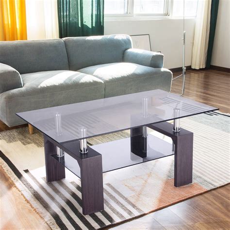 Clear Rectangle Modern Glass Coffee Table With Lower Shelf Metal Legs