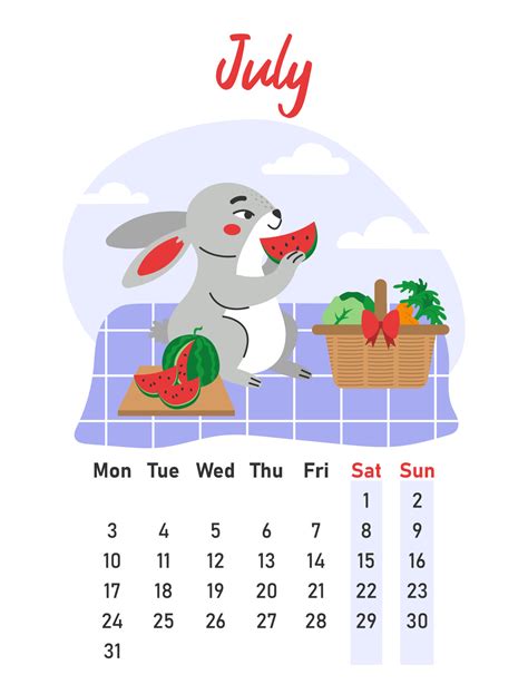 July 2023 Calendar The Hare Eats A Watermelon On A Picnic Flat Vector