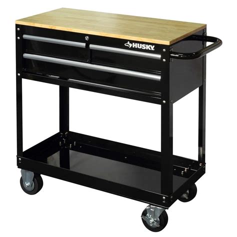 Husky In Drawer Rolling Tool Cart With Wood Top Black