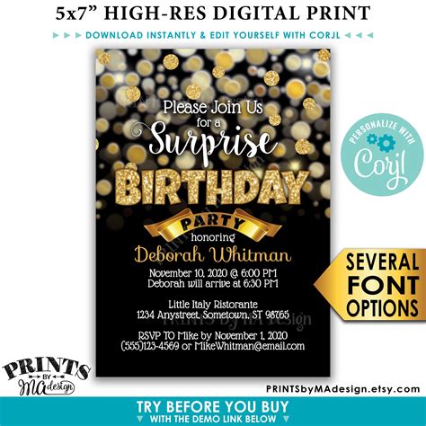 Surprise Birthday Party Invitation Black And Gold Glitter Invite