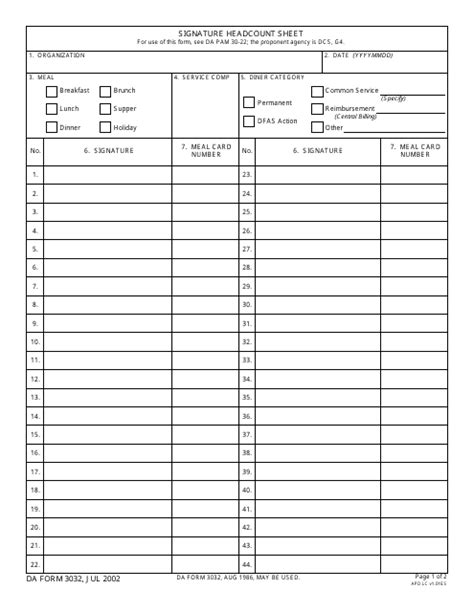 Da Form 3032 Download Printable Pdf Signature Headcount Sheet