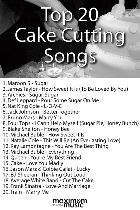 Our songs for the cutting of the cake will contain a mix of music such as love songs, love ballads, disco songs, oldies music, classic rock, and even current top 40 songs. The bouquet toss is a classic moment, one with which we ...