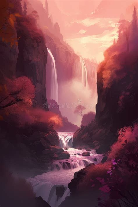 Fantasy Landscape With Waterfalls River And Mountains Created Using