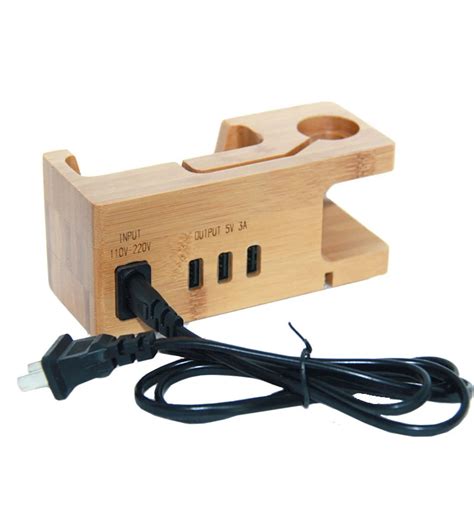 3 Usb Ports Charging Dock Bamboo Wood Desktop Charger Phone Charging
