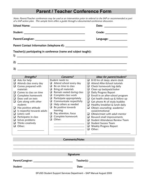 Parent Teacher Conference Form Template Free