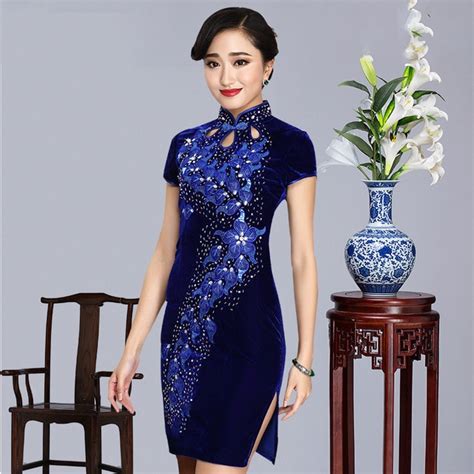 Buy Embroidery Velvet Short Cheongsam Dress Mini Qipao