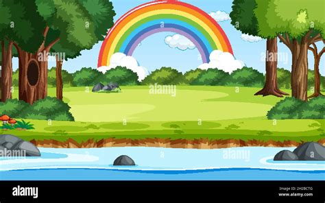 Nature Scene Background With Rainbow In The Sky Illustration Stock Vector Image Art Alamy