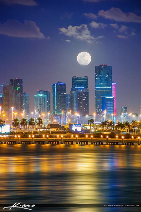 Miami City Skyline Moon Setting Behind Buildings Hdr Photography By