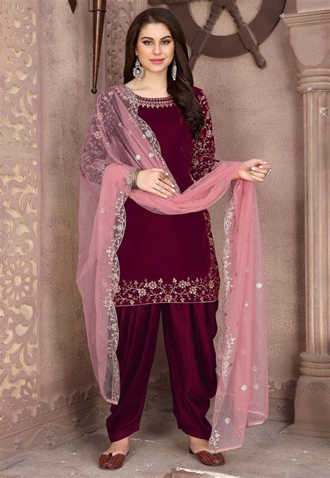 Embroidered Velvet Punjabi Suit In Wine Kch5651