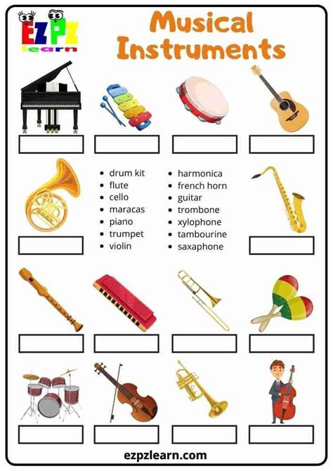 Free Printable Word Match Topic Musical Instruments Worksheet Esl