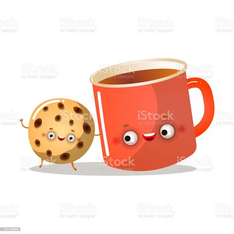 Cute Homemade Cookie Character Is Smiling With Red Coffee Mug Stock Illustration Download