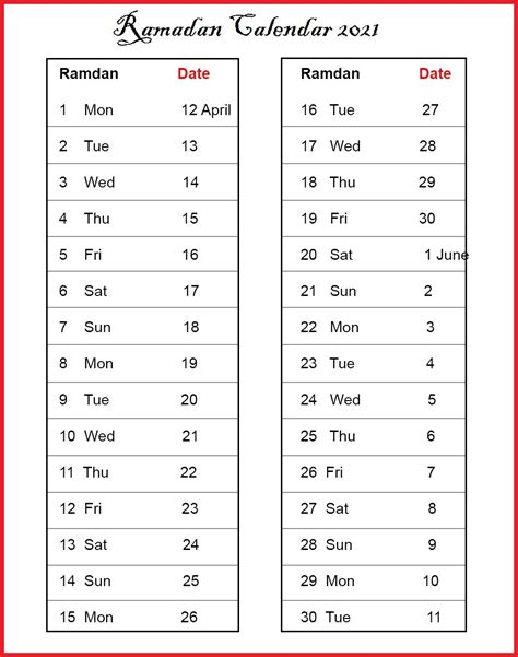 Printable 2021 Ramadan Calendar With Prayer Times Ramzan 1442