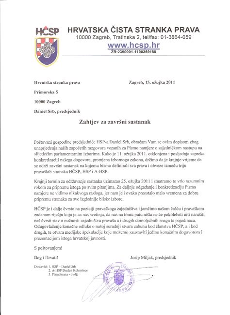 Zahtjev za završni sastanak HSP HČSP i A HSP HČSP Hrvatska čista