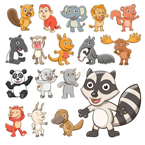 Big Vector Set Of Animals Collection Of Cute Animals In Cartoon Stock