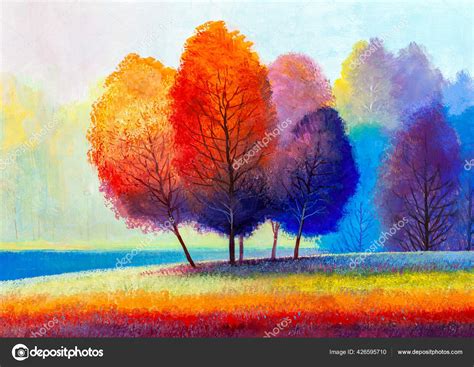 Oil Painting Landscape Colorful Autumn Forest Beautiful River Stock