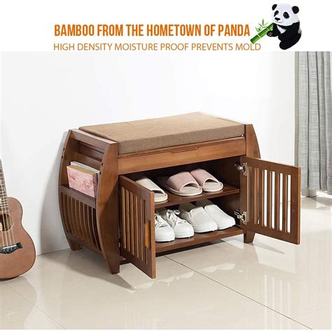 Bamboo Shoe Bench Rack With Removable Cushion Hidden Storage