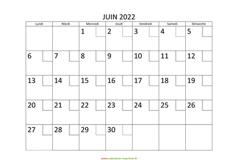Calendrier Juin 2022 à Imprimer