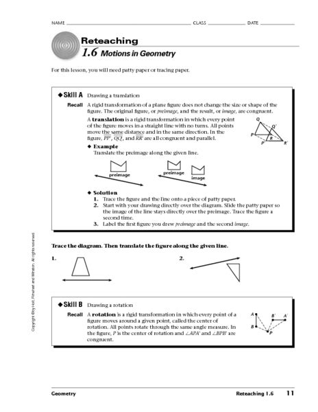 Motions In Geometry Worksheet For 8th 10th Grade Lesson Planet
