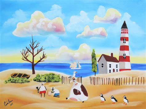Animals At The Beach Cow Sheep Puffins Painting Oil Canvas Gordon Bruce