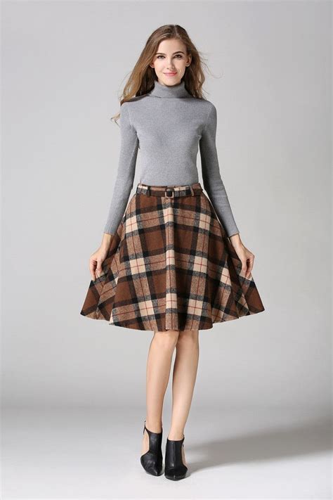 retro plaid pattern high waist woolen a line skirt womens skirt wool skirts a line skirts