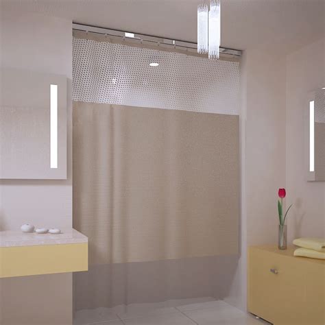Ceiling mounted curtain tracks are ideal for bay windows or other windows with little wall space above. Clean simplistic with ceiling mounted shower curtain ...