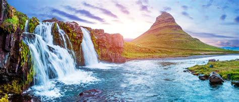 Beautiful Magical Scenery With A Waterfall Kirkjufell Near The Volcano