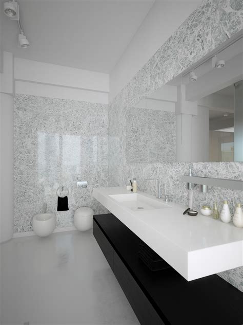 This bathroom with white and black tiles, with a unique ceiling design giving it a contemporary look. Trendy Bathroom Design Ideas Combined With White Color ...