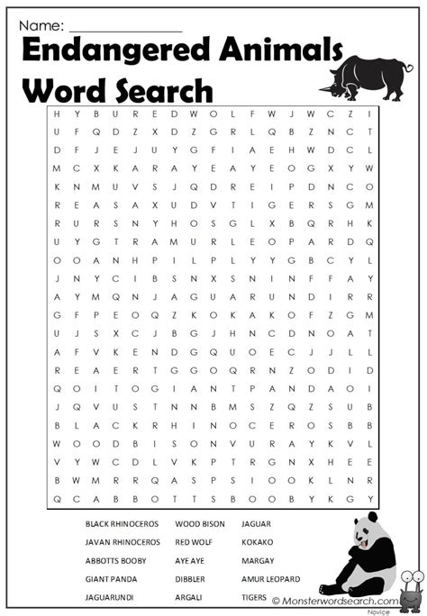 Endangered Animals Word Search Monster Word Search