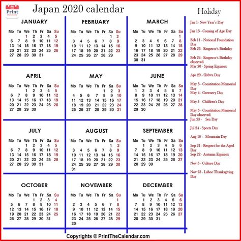 Japan Calendar 2020 With Japan Public Holidays