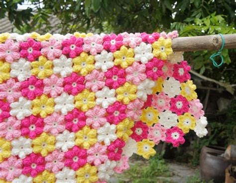 Lovely Puff Flower Crochet Throw Blanket Etsy
